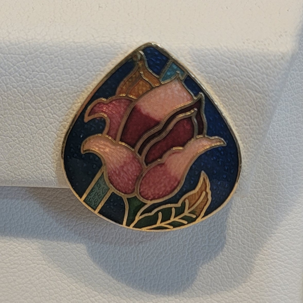 Vintage Cloisonné Pink Floral Blue Teardrop Clip On Earrings Gold Tone